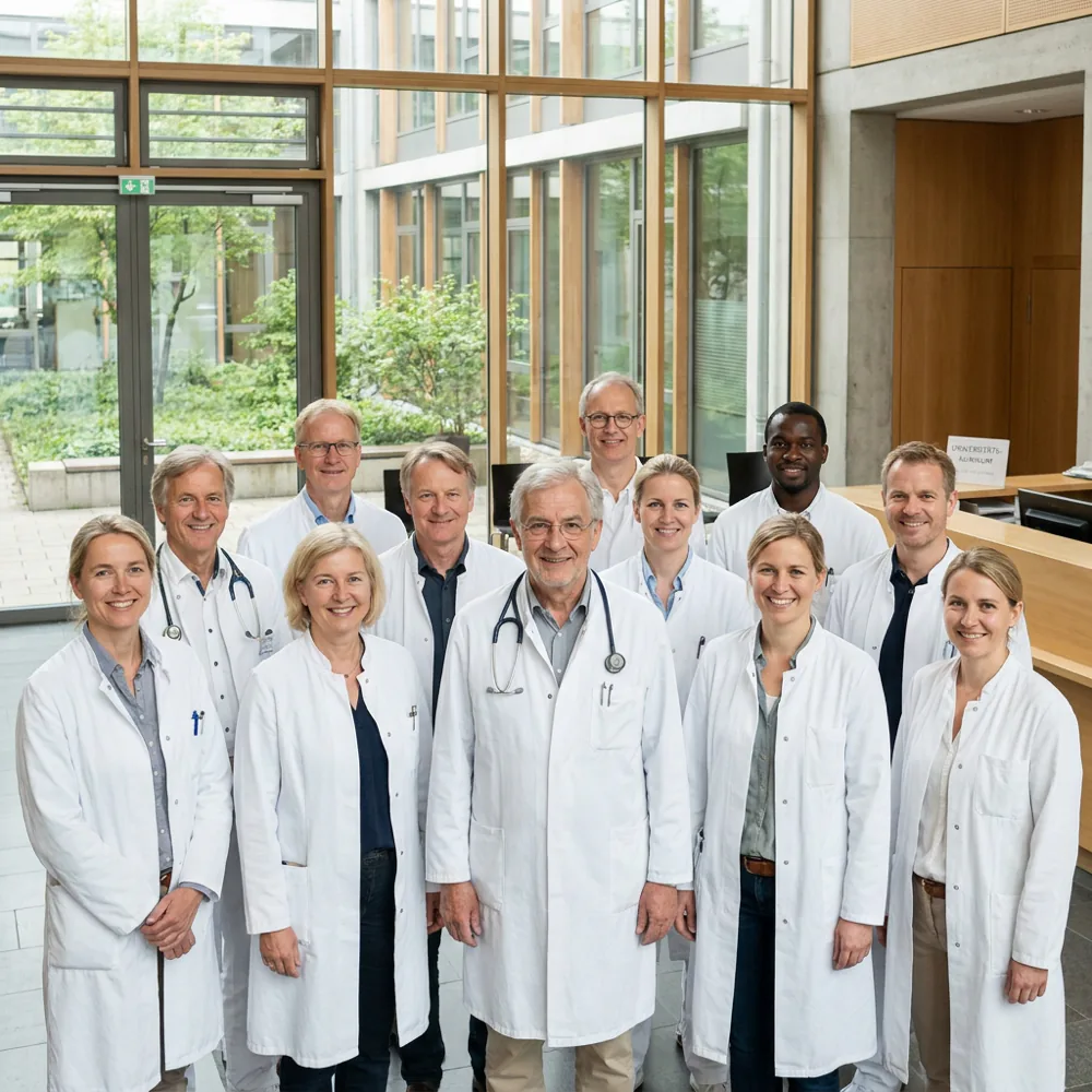 Symbolische afbeelding van een medisch team in een lichte kliniekgang